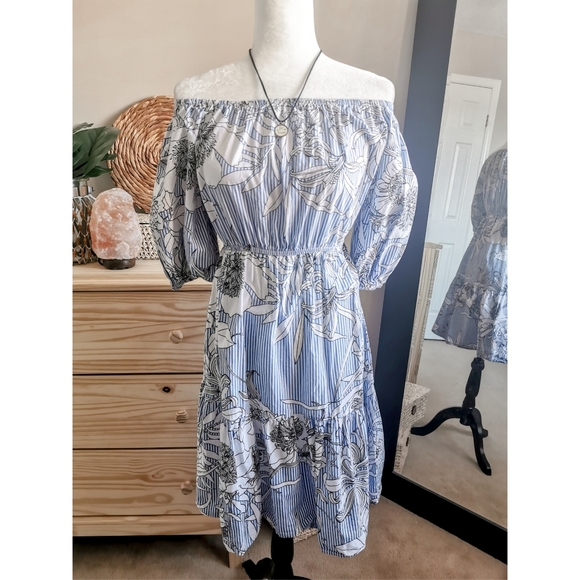 Candy Striped Blue & Floral Off Shoulder Dress - Picture 1 of 6